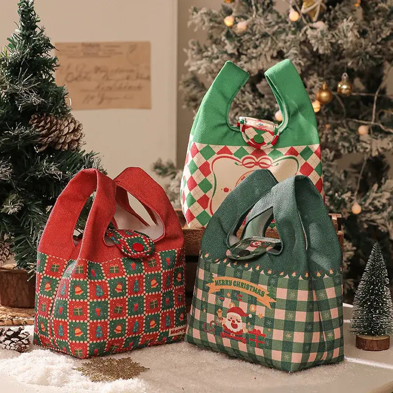 Three festive fabric gift bags with red green and checkered patterns decorbites christmas apple handheld style