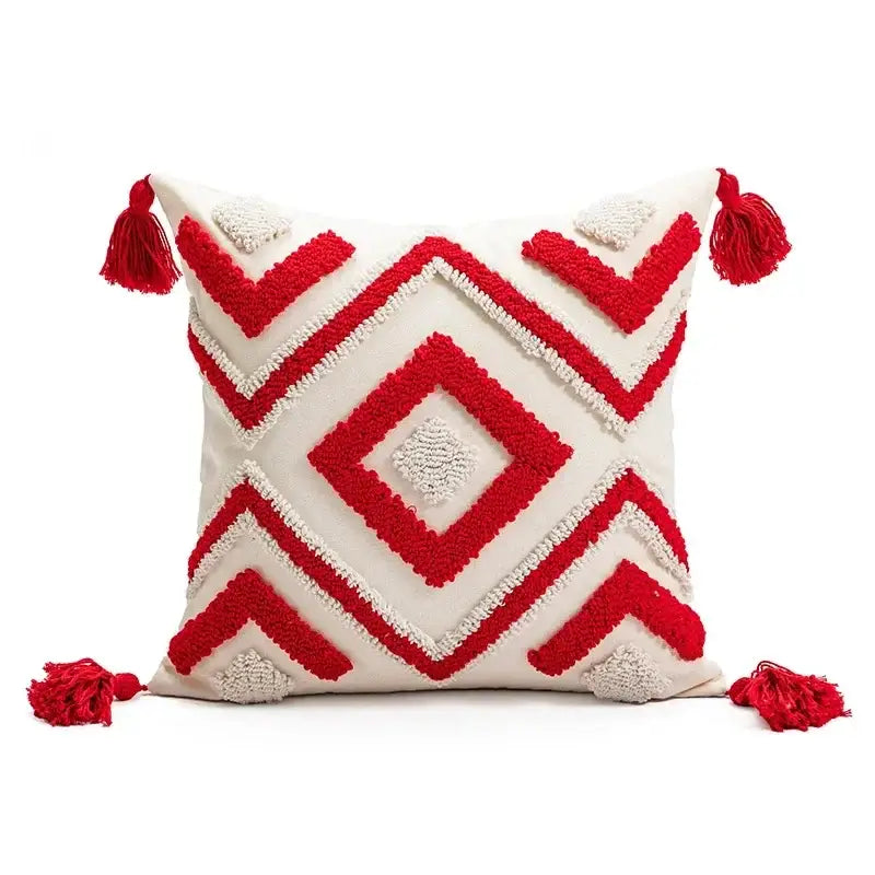 Decorbites christmas bell christmas bell red geometric tufted pillow cover with tassels for holiday decor