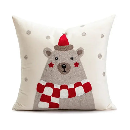 Cream-colored decorbites christmas bell pillow cover with embroidered polar bear and silver sequin snowflakes for holiday decor