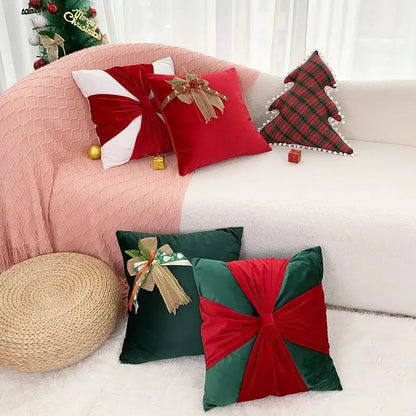 Decorbites christmas bow patchwork velvet pillow set with red and green velvet throw pillows for festive decor