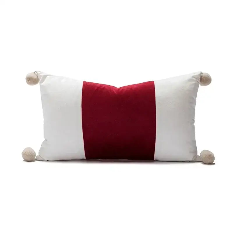 Decorbites christmas candy cushions feature a rectangular red and white striped pattern with beige pom-poms for festive décor