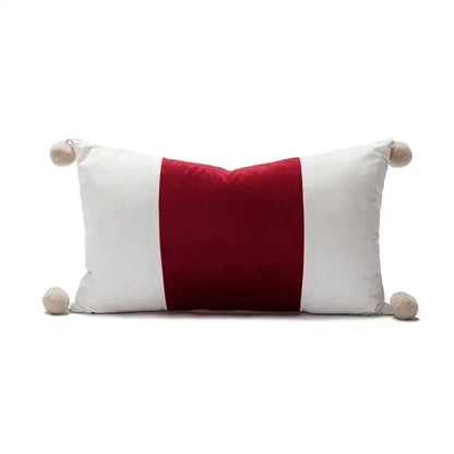Decorbites christmas candy cushions feature a rectangular red and white striped pattern with beige pom-poms for festive décor