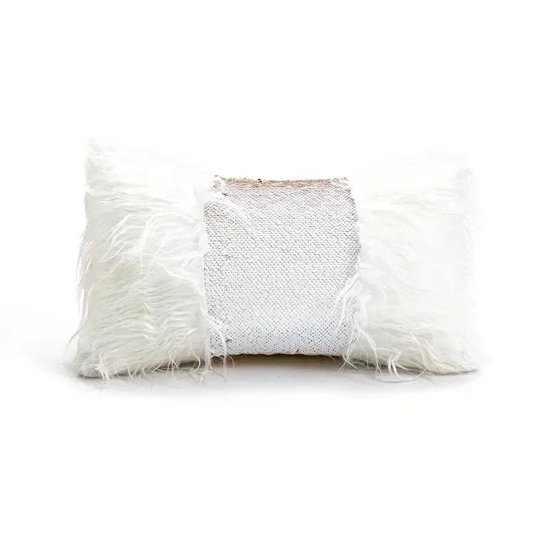 White rectangular decorbites christmas candy cushion with fluffy faux fur sides and silver sequin panel for sofa decor