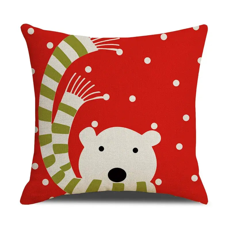 Red cushion decorbites christmas cartoon animal linen pillowcase with white polar bear and green striped scarf design