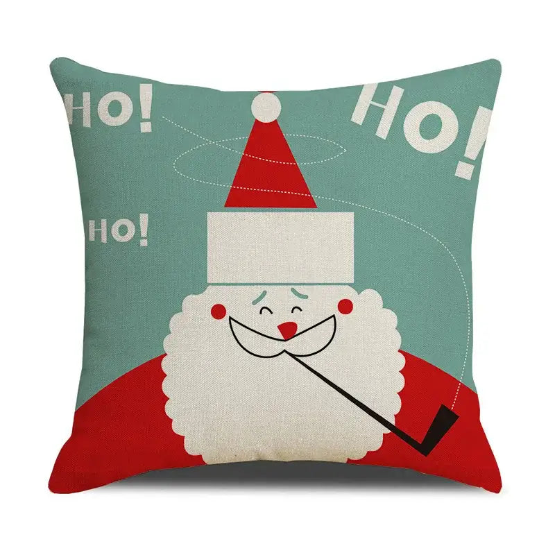 Teal and red decorbites christmas cartoon animal linen throw pillow featuring santa claus with white beard and black pipe