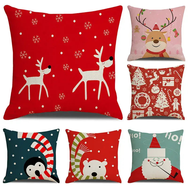 Red christmas-themed decorbites christmas cartoon animal linen pillowcase with white reindeer and snowflake patterns
