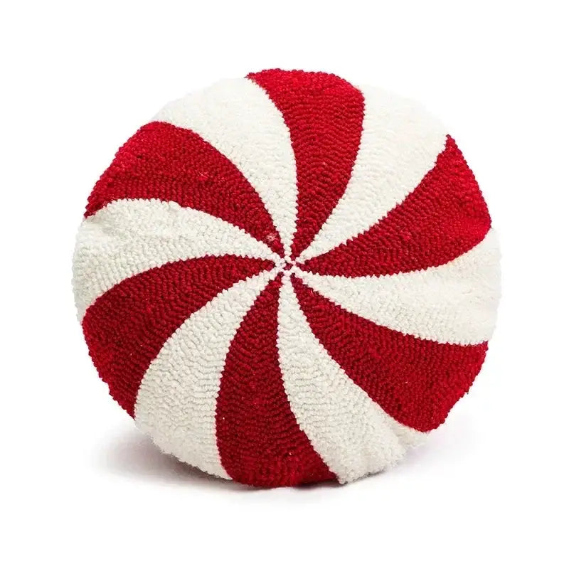 A plush round peppermint candy cushion cover with bold red and white stripes in tufted fabric, decorbites christmas cartoon design
