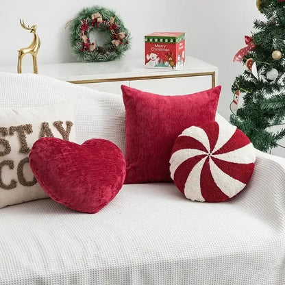 Red velvet heart-shaped cushion cover with plush texture in decorbites christmas cartoon candy nordic patchwork design