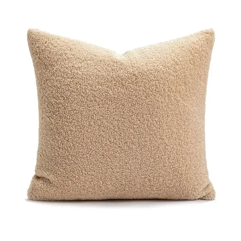 Beige faux shearling throw pillow with soft textured surface complementing decorbites christmas cartoon cushion cover