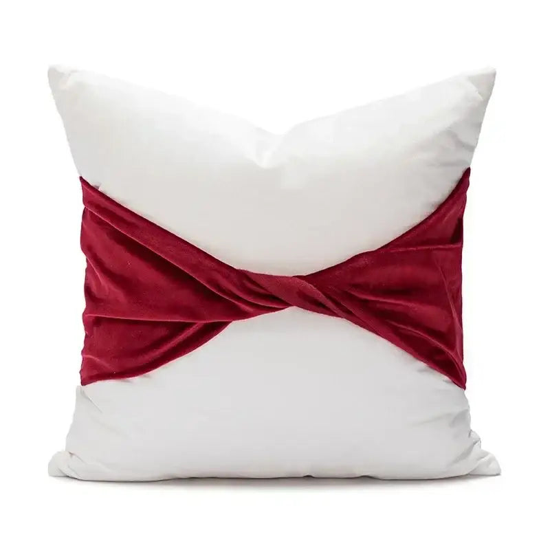 White cushion cover with burgundy velvet ribbon knot for decorbites christmas cartoon candy festive decor