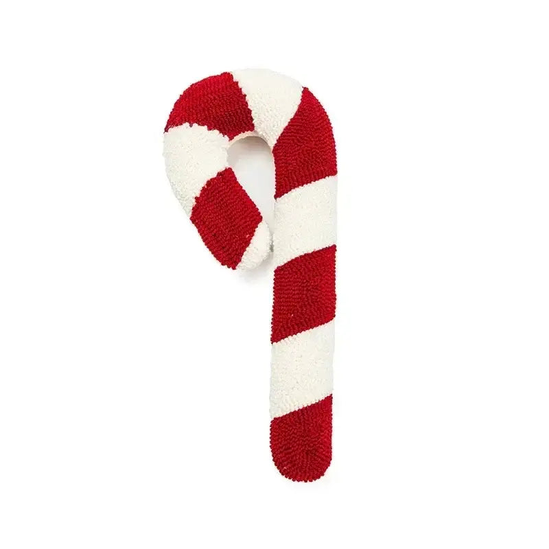 A plush red and white striped candy cane cushion cover with decorbites christmas cartoon embroidered design