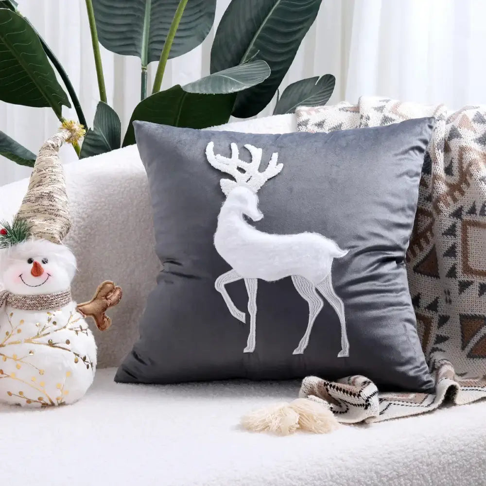 Gray velvet pillow cover with white embroidered reindeer design decorbites christmas cartoon festive decor