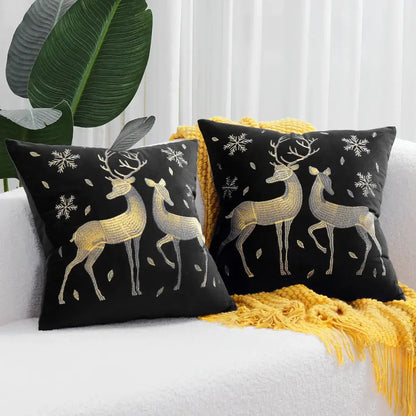 Black velvet pillow cover set by decorbites christmas cartoon featuring embroidered gold and silver deer with snowflakes