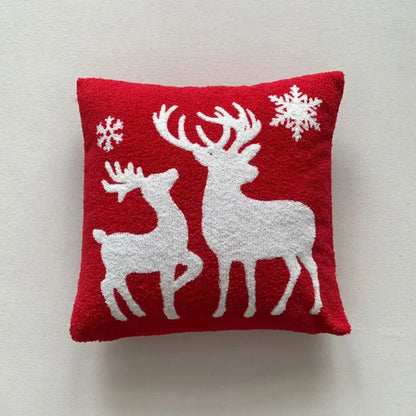 Red plush embroidered pillow with silver reindeer and snowflakes from decorbites christmas cartoon set