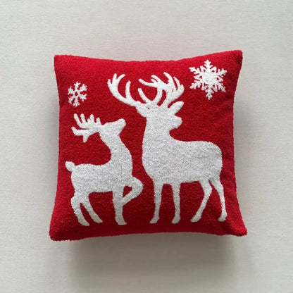 Red felt pillow cover with embroidered white reindeer and snowflakes for decorbites christmas cartoon festive decor
