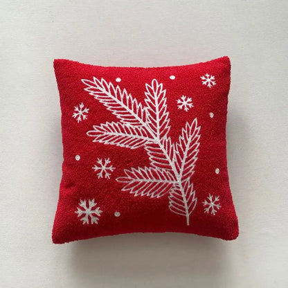 Red velvet pillow covers with white embroidered pine branches and snowflakes for decorbites christmas cartoon festive decor