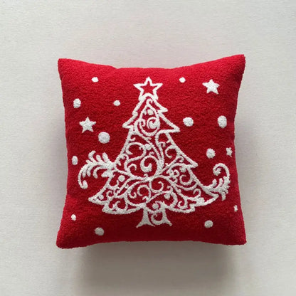 Red cushion pillow cover with white embroidered christmas tree and stars from decorbites christmas cartoon collection