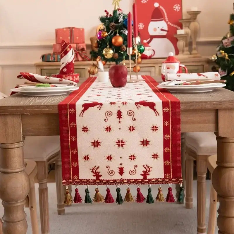 Decorbites™ red and cream christmas table runner with embroidered tassel featuring reindeer snowflakes for dining room decor