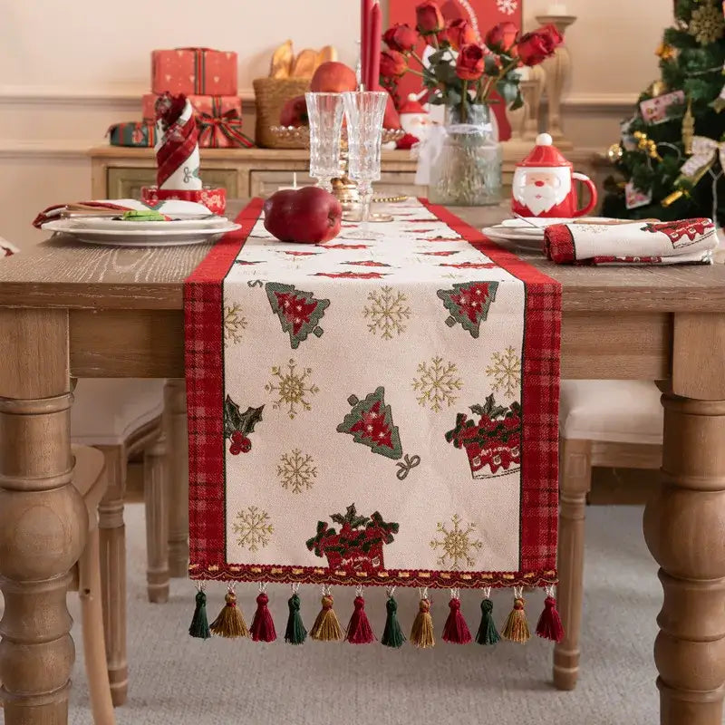 Decorbites™ christmas cartoon jacquard table runner in red and cream with embroidered tassel for dining room decor