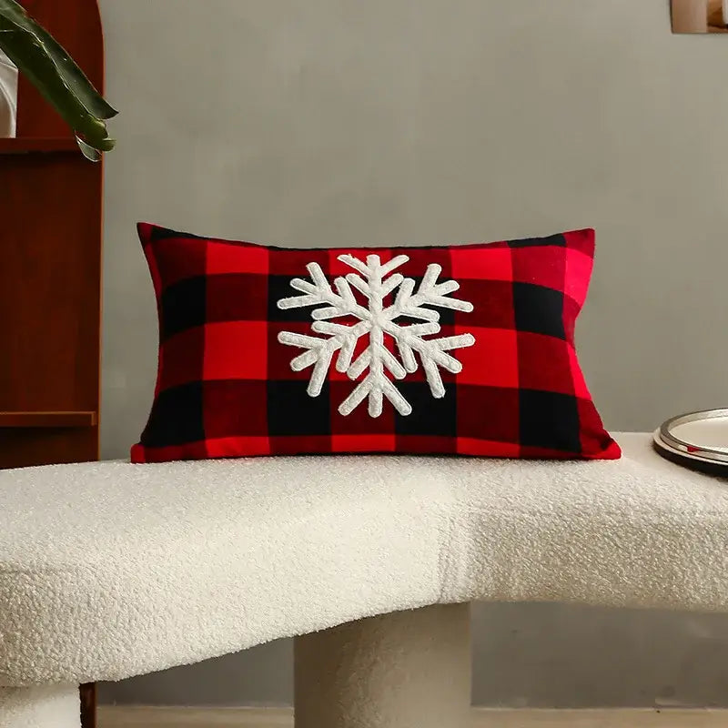 Decorbites christmas cartoon red and black plaid pillow cover with white embroidered snowflake for festive sofa cushion