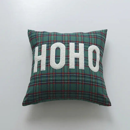 Green plaid pillow cover with white embroidered ho ho letters from decorbites christmas cartoon festive collection
