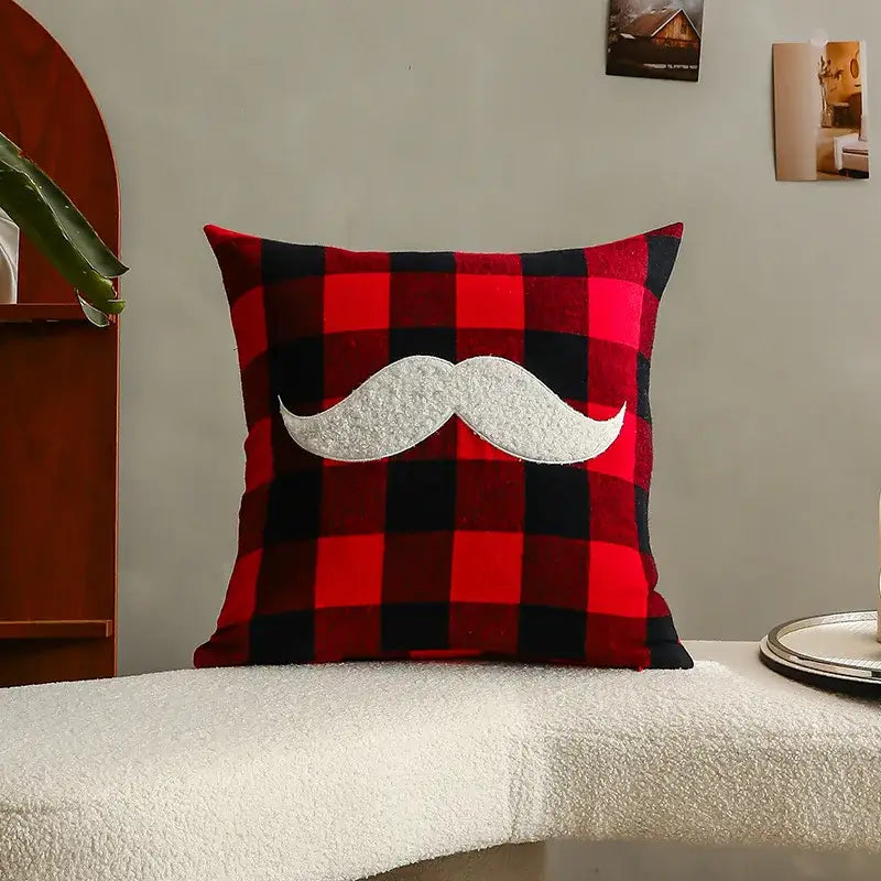 Red and black plaid pillow cover with white textured mustache appliqué decorbites christmas cartoon letter design