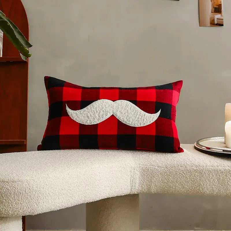 Decorbites christmas cartoon pillow cover with red and black plaid and white textured mustache appliqué for festive sofa