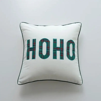 White square pillow cover with ho ho embroidered in green and red plaid fabric by decorbites christmas cartoon letter collection