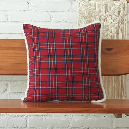 Red plaid pillow cover with white fleece trim featuring decorbites christmas cartoon letter embroidery for festive decor