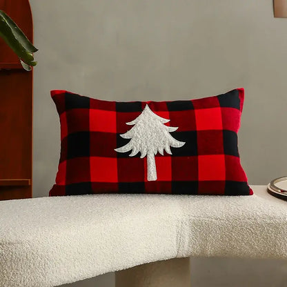 Red and black plaid pillow cover with white embroidered tree design from decorbites christmas cartoon letter collection