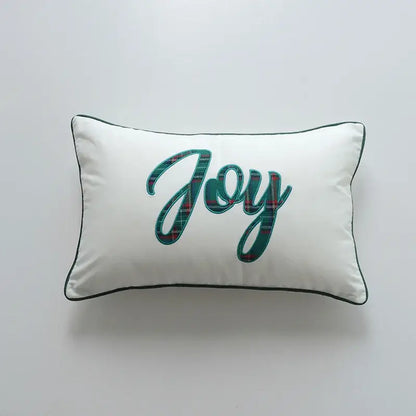 White rectangular pillow cover with decorbites christmas cartoon embroidered joy in green plaid and black piping