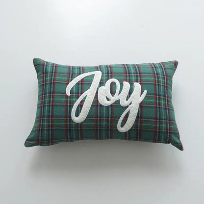 Rectangular green and red plaid pillow cover with joy embroidered in white cursive from decorbites christmas cartoon letter collection