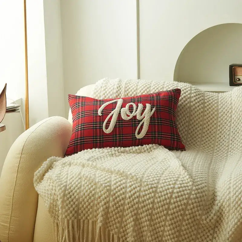 Red plaid pillow cover with embroidered white joy lettering from decorbites christmas cartoon festive cushion collection