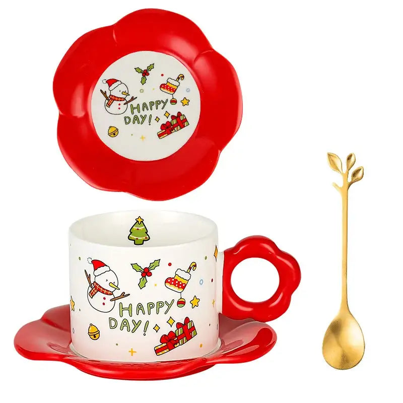 Red flower-shaped ceramic cup and saucer tea set with festive holiday illustrations and gold spoon from decorbites christmas ceramic santa collection