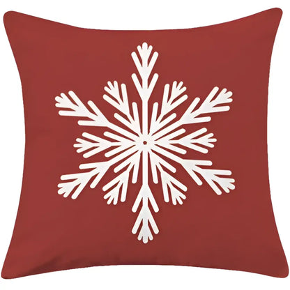Red throw pillow with white embroidered snowflake design in DecorBites christmas cotton linen decorative sofa cushion cover