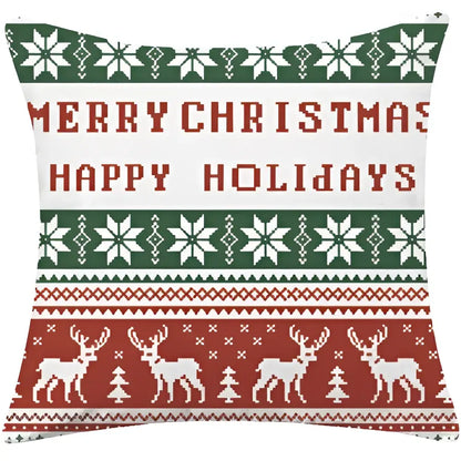 Festive red green white decorbites christmas cotton linen pillowcase with knit reindeer snowflakes text design