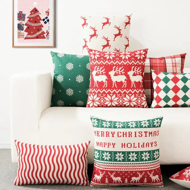 Decorbites christmas cotton linen pillowcases with red and green festive reindeer snowflake patterns for sofa cushions