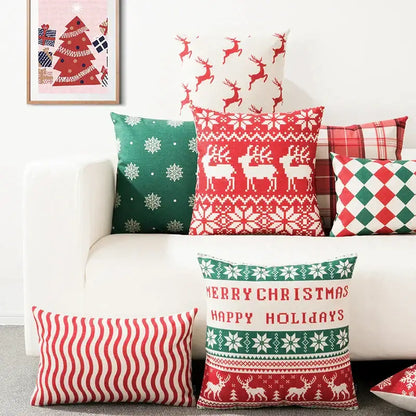 Decorbites christmas cotton linen pillowcases with red and green festive reindeer snowflake patterns for sofa cushions