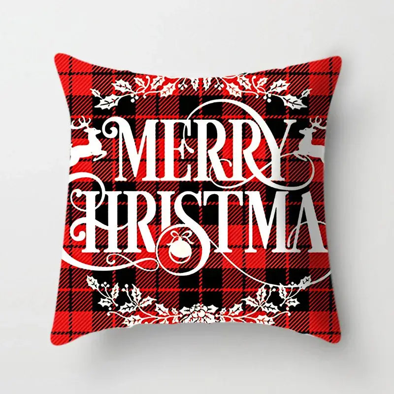 Decorbites christmas cushion cover 45x45cm red and black plaid with white merry christmas lettering and holly designs