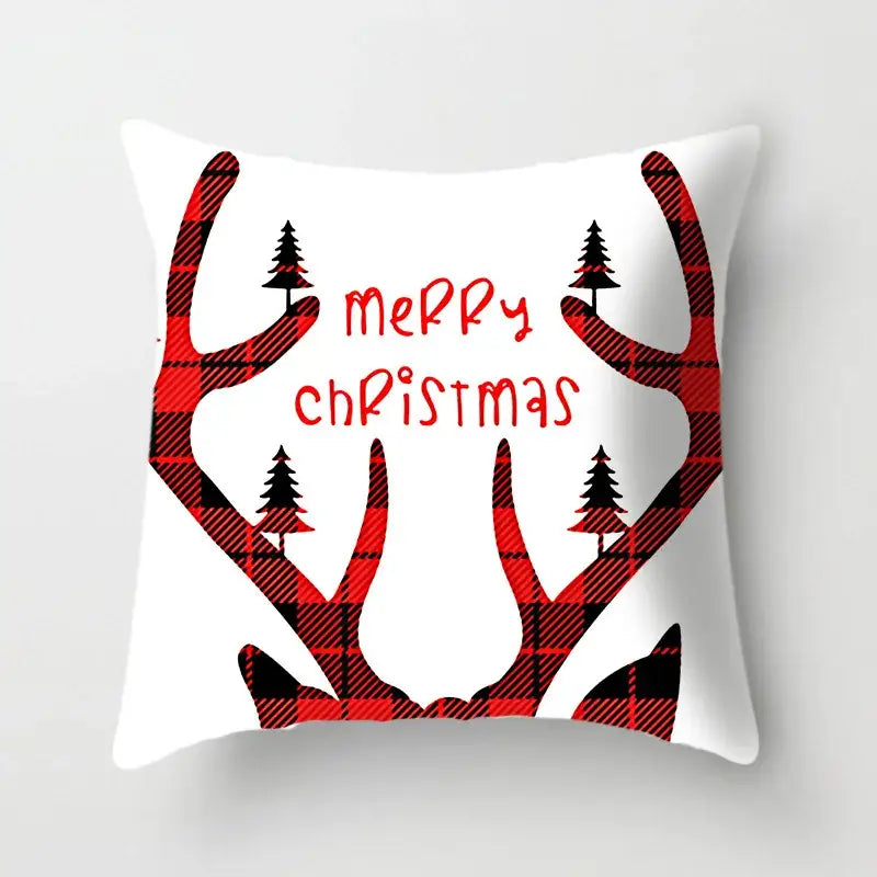 White decorbites christmas cushion cover 45x45cm with red black plaid deer antler design and merry christmas script
