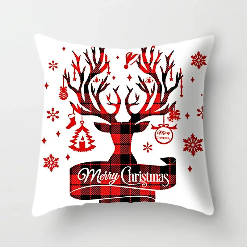 White decorbites christmas cushion cover featuring red and black plaid deer with ornaments and merry christmas text