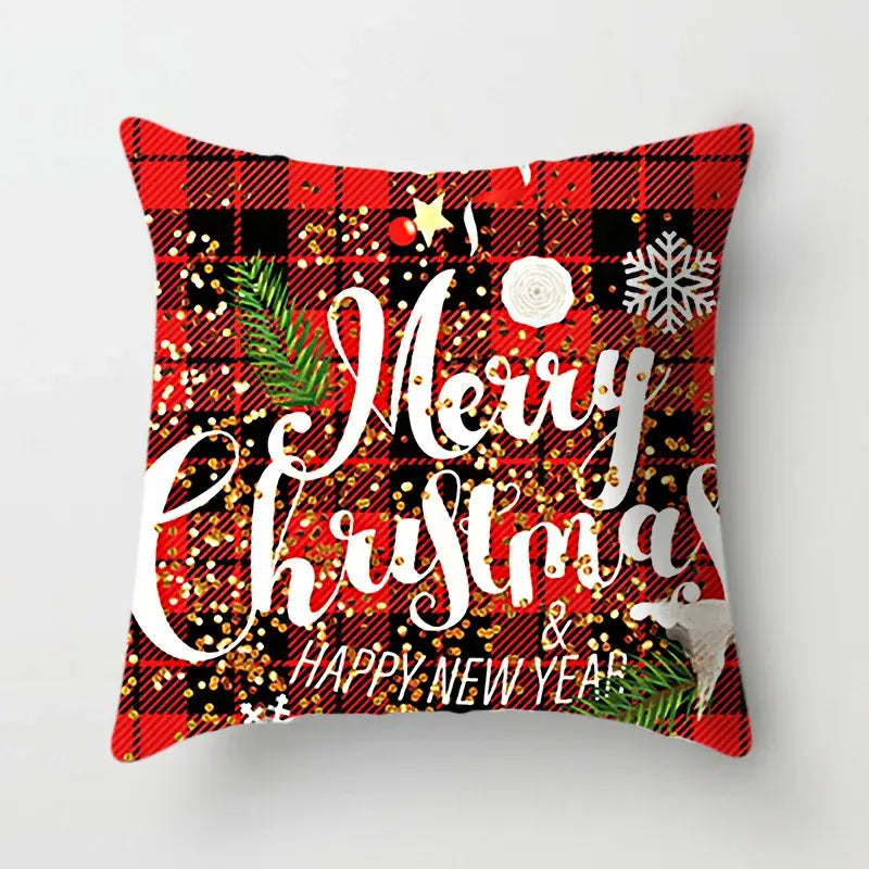 Decorbites christmas cushion cover in red and black plaid with merry christmas design and gold glitter accents for sofa