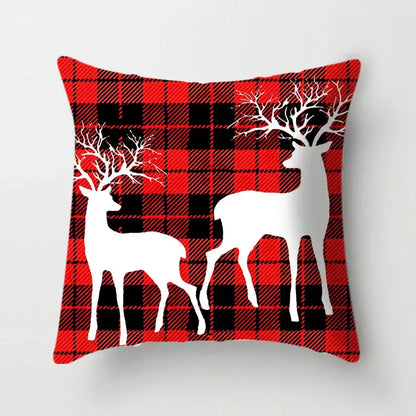 Red and black plaid decorbites christmas cushion cover with white deer silhouettes for sofa 45x45cm christmas cushion cover