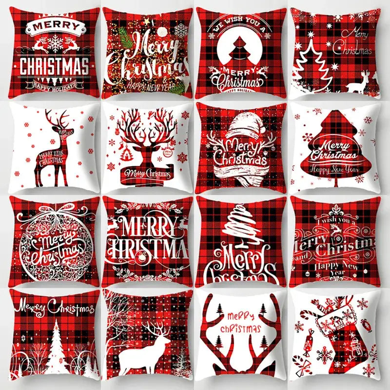 DecorBites christmas cushion cover 45x45cm red and white plaid with reindeer trees and holiday greetings for sofa