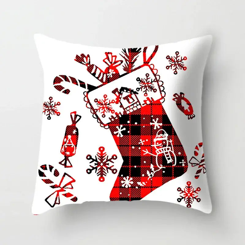 White throw pillow with festive red and black plaid christmas stocking design by DecorBites christmas cushion cover 45x45cm