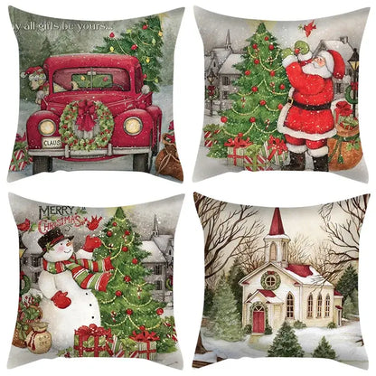 Set of four decorbites christmas cushion covers featuring vintage truck santa snowman and snowy church scenes