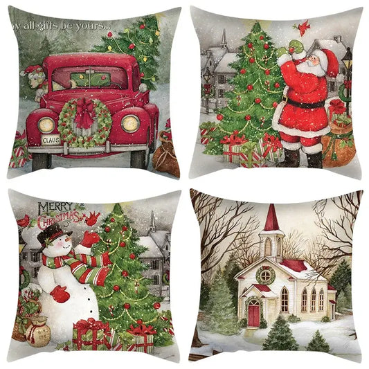 Set of four decorbites christmas cushion covers featuring vintage truck santa snowman and snowy church scenes