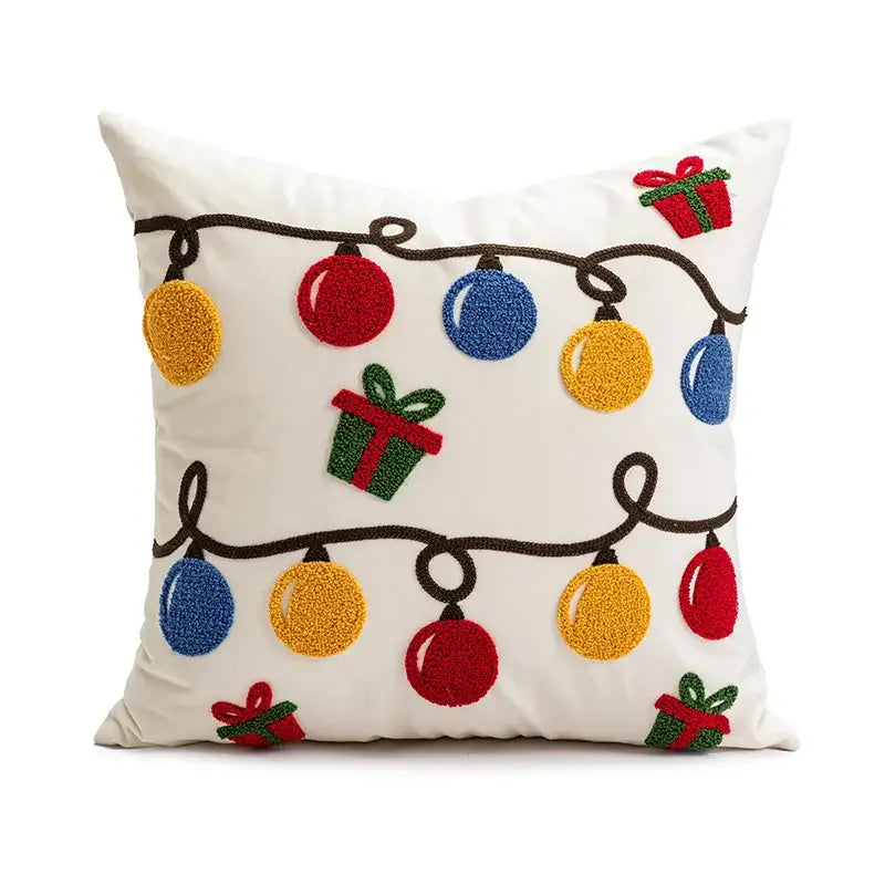 White decorbites christmas day embroidered pillowcase with colorful christmas lights and green gift boxes for sofa decor