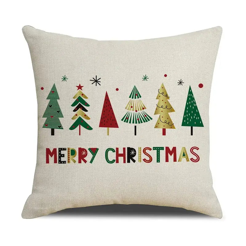 Beige linen cushion cover with decorbites christmas deer festive trees design and merry christmas text print