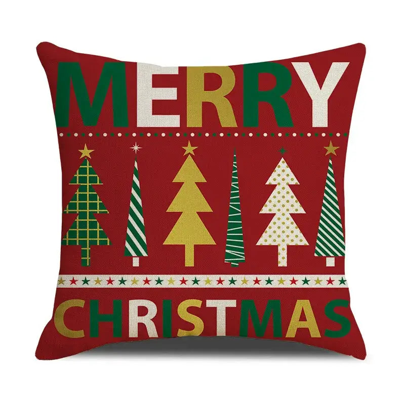 Red holiday cushion cover with merry christmas lettering and stylized trees decorbites christmas deer linen pillowcase